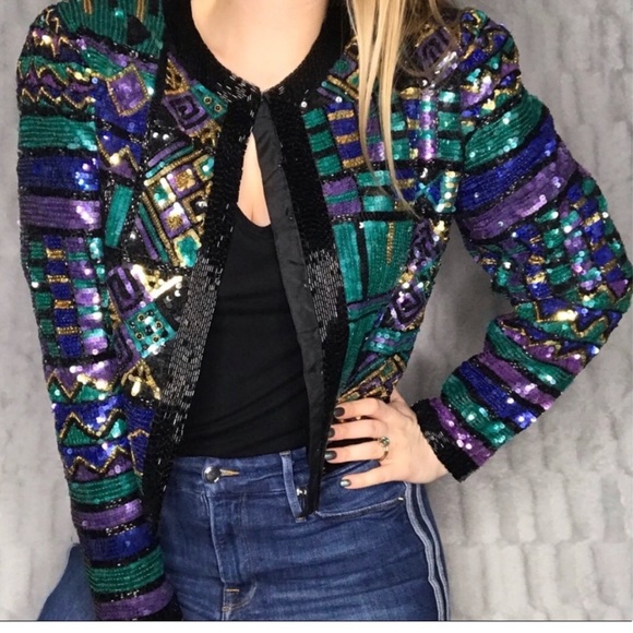 Vintage 1980s Laurence Kazar Teal and Purple Cropped Sequin Jacket Size L - Picture 1 of 14